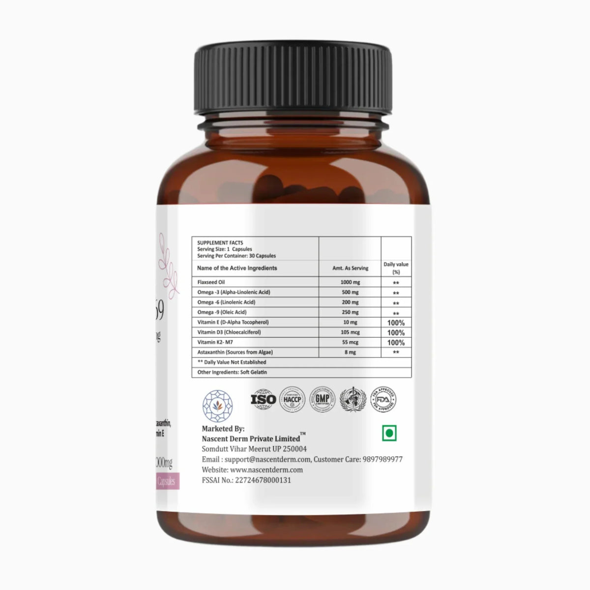 Brown supplement bottle with black lid showing supplement facts including flaxseed oil, omega fatty acids, vitamins E, D3, K2, and astaxanthin