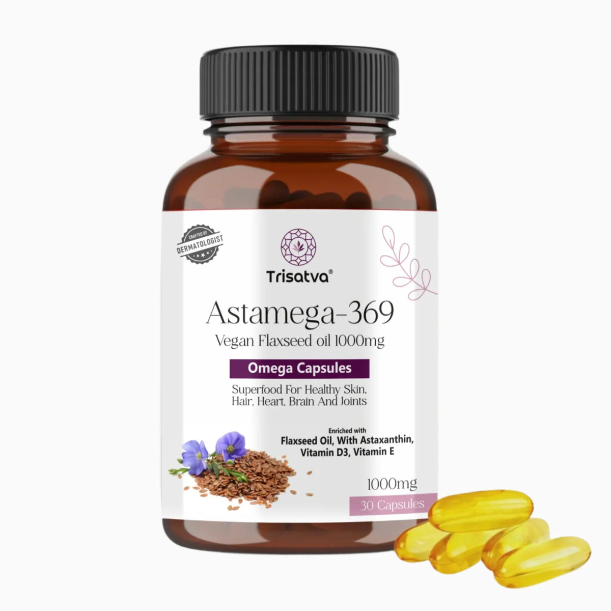 Trisatva Astamega-369 vegan flaxseed oil omega capsules 1000mg bottle with yellow softgel pills