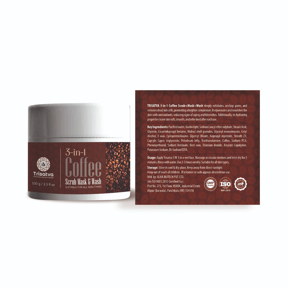 Trisatva 3-in-1 Coffee Scrub Mask & Wash container with product description and usage instructions