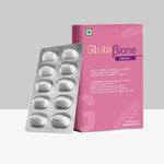 Glutabione tablets blister pack with pink box featuring vitamin C and collagen support nutrients