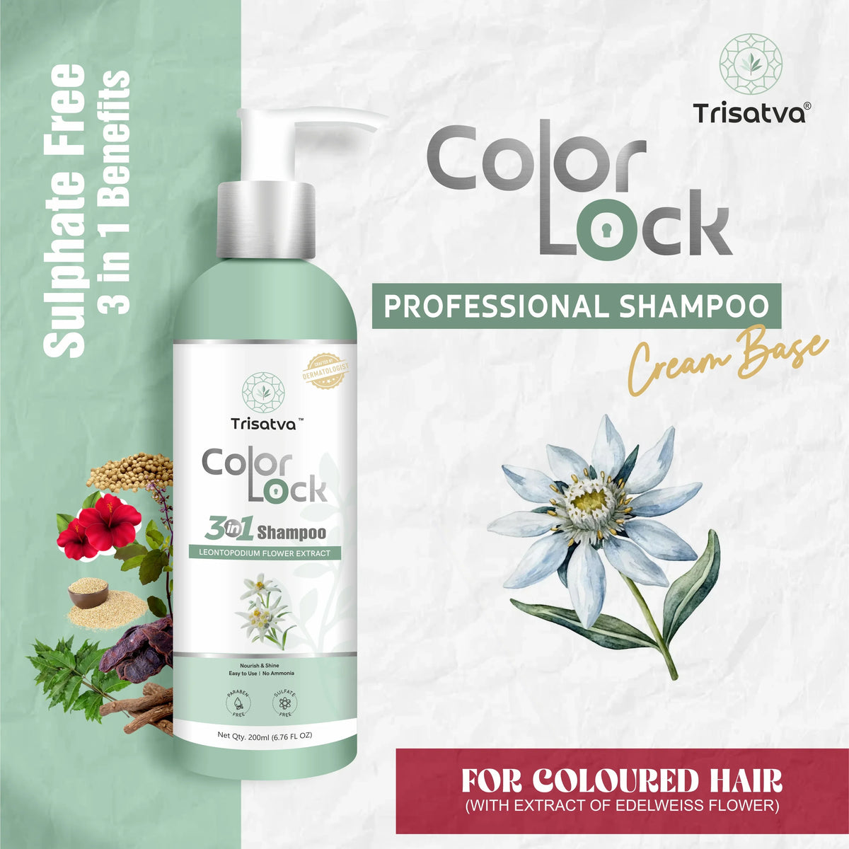 Trisatva Color Lock professional sulfate-free shampoo for coloured hair with Edelweiss flower extract