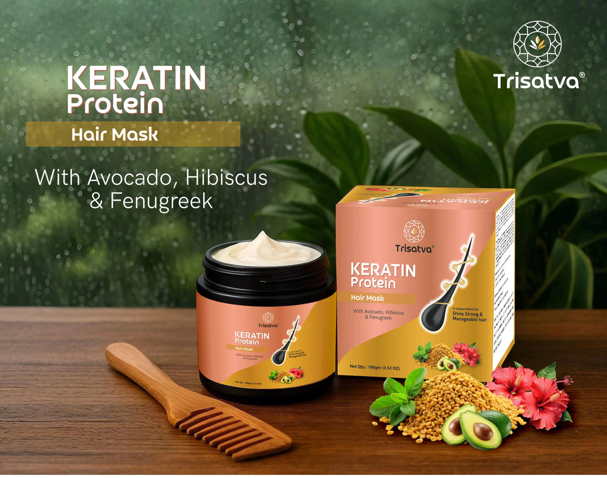 Trisatva Keratin Protein hair mask jar and packaging with wooden comb on wooden surface, natural ingredients background