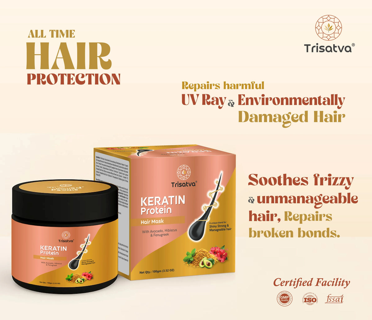 Trisatva Keratin Protein Hair Mask with avocado, hibiscus, fenugreek, protects and repairs damaged hair