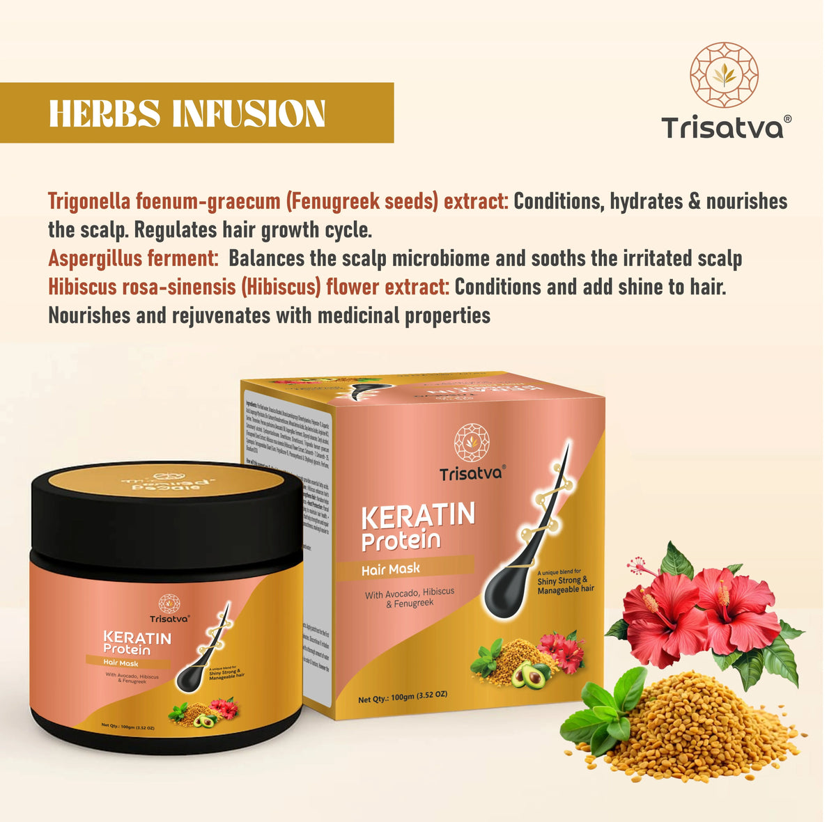 Trisatva Keratin Protein hair mask with avocado, hibiscus, and fenugreek for shiny, strong hair