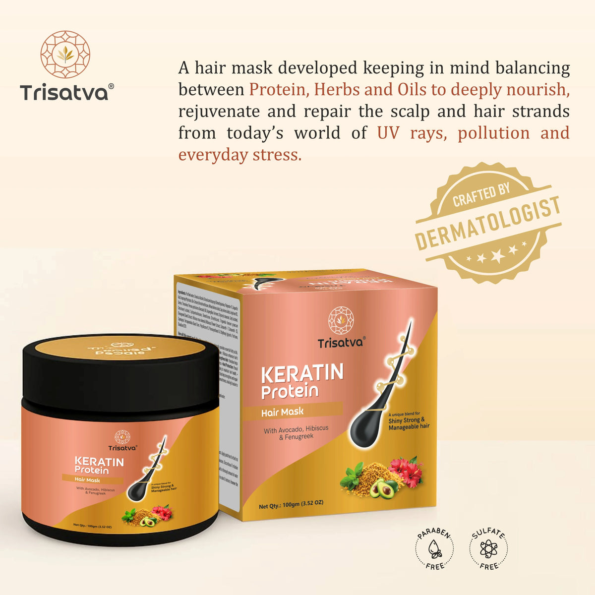 Trisatva Keratin Protein Hair Mask jar and box with avocado, hibiscus, fenugreek, dermatologist crafted, paraben & sulfate free