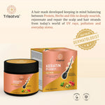 Trisatva Keratin Protein Hair Mask jar and box with avocado, hibiscus, fenugreek, dermatologist crafted, paraben & sulfate free