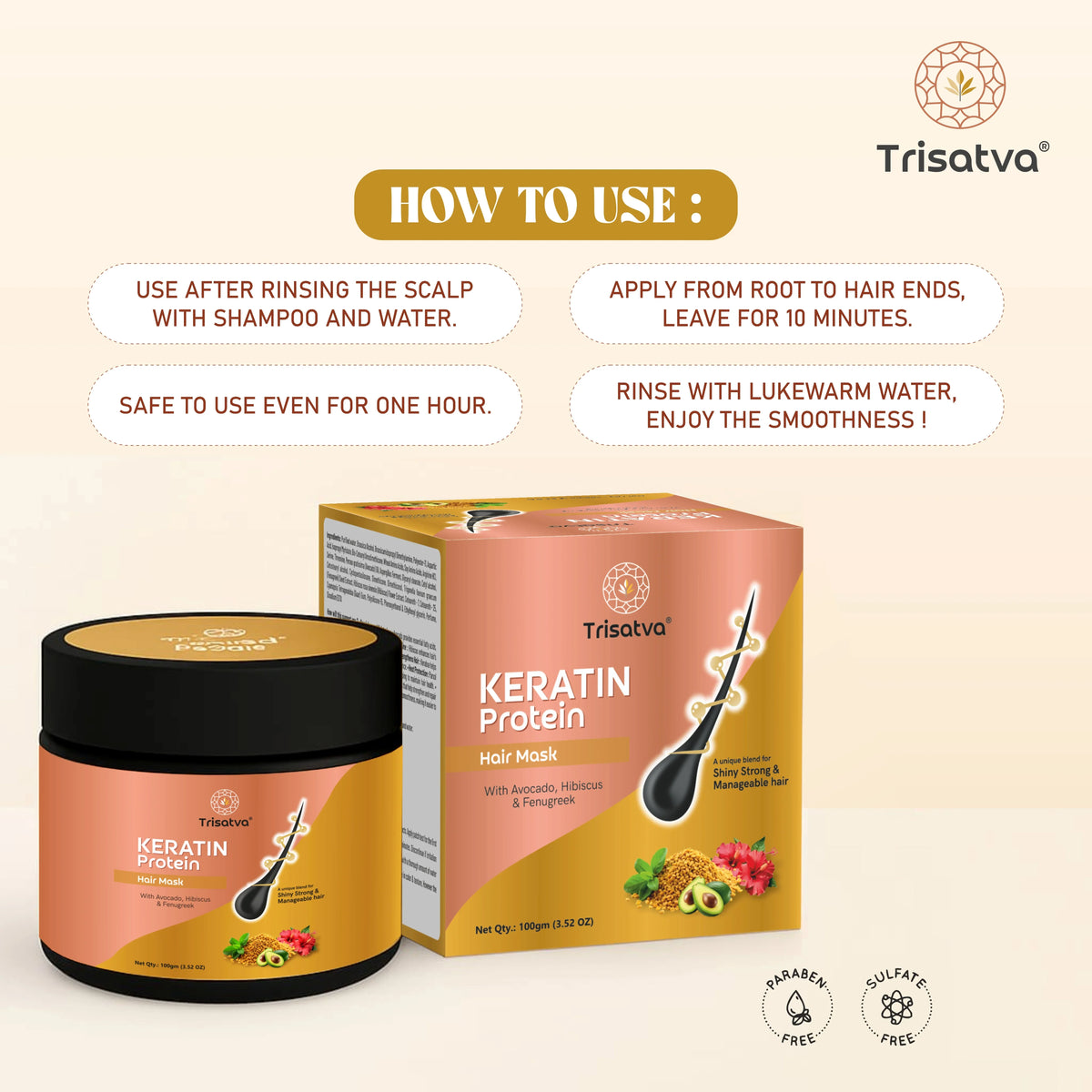 Trisatva Keratin Protein Hair Mask with avocado, hibiscus, fenugreek, paraben-free and sulfate-free