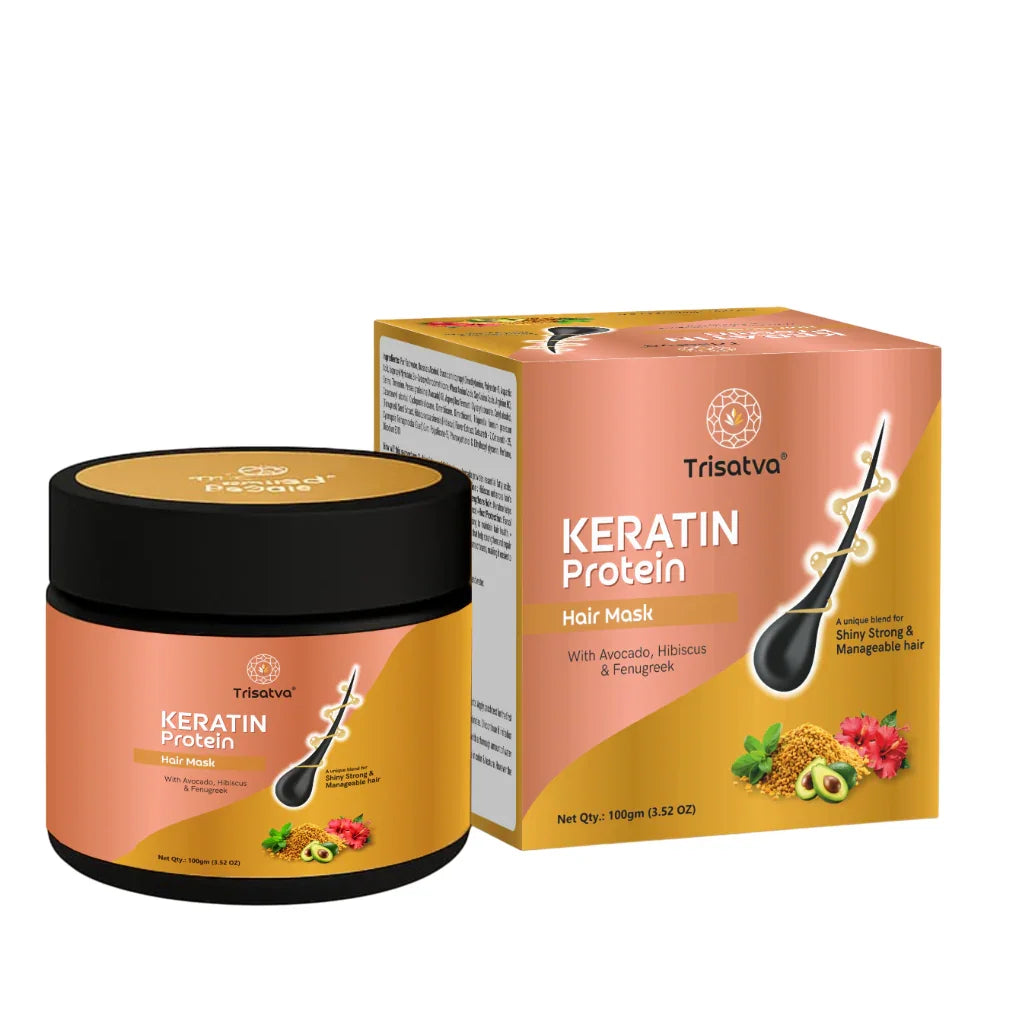 Trisatva Keratin Protein hair mask jar and box with avocado, hibiscus, fenugreek, shiny strong hair