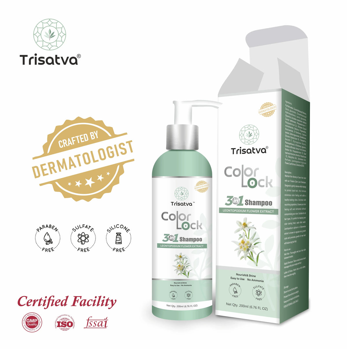 Trisatva Color Lock 3 in 1 shampoo with Leontopodium flower extract, dermatologist crafted, paraben free